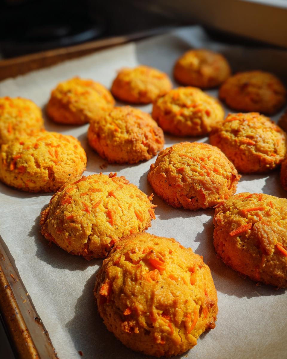 Close-up of freshly baked Carrot Cake Dog Treat Cookies on a baking sheet.