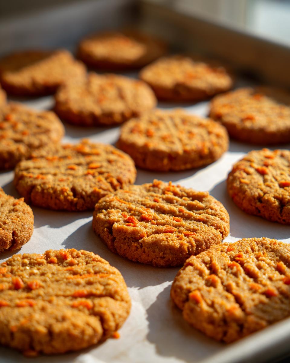 Close-up of freshly baked Carrot Cake Dog Treat Cookies on a baking sheet, ready to be enjoyed.