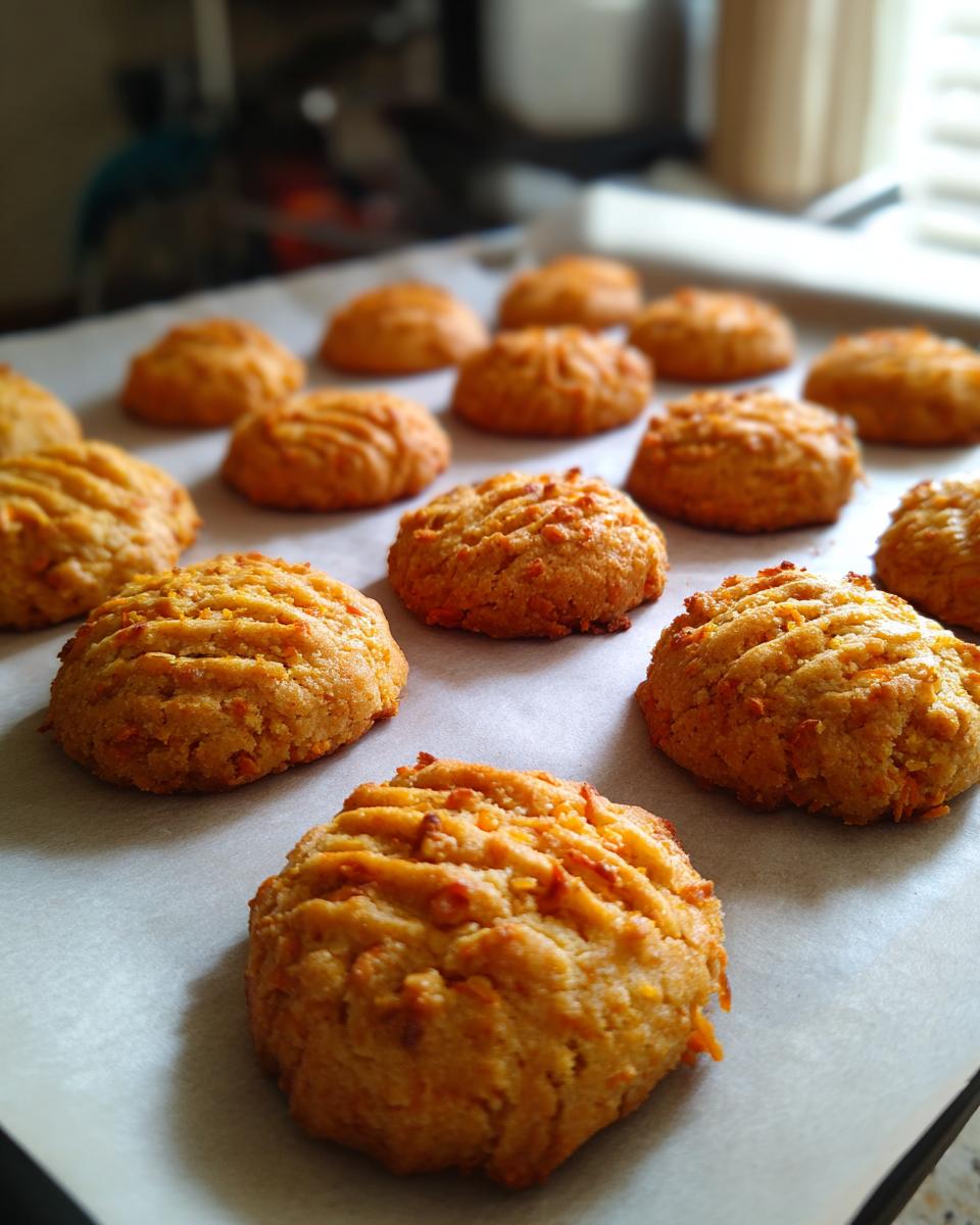 Close-up of freshly baked Carrot Cake Dog Treat Cookies on parchment paper.