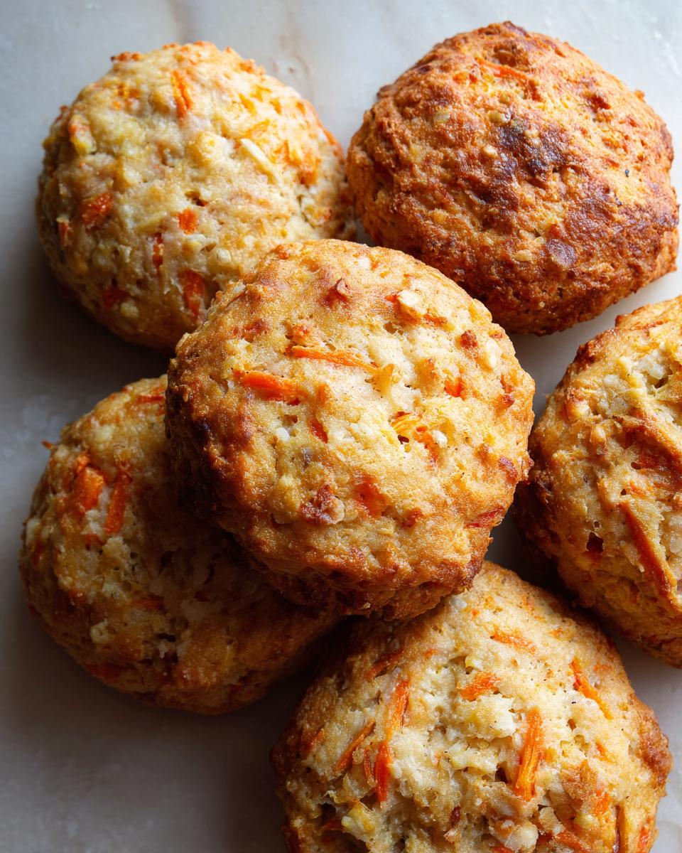 Overhead shot of several Carrot & Cheese Soft Dog Biscuits. Homemade dog treats with carrots.