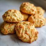 Close-up of a pile of freshly baked Carrot & Cheese Soft Dog Biscuits, showing carrot pieces.