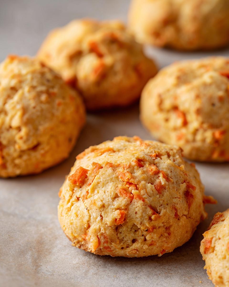 Close-up of several Carrot & Cheese Soft Dog Biscuits on parchment paper, ready to be enjoyed.