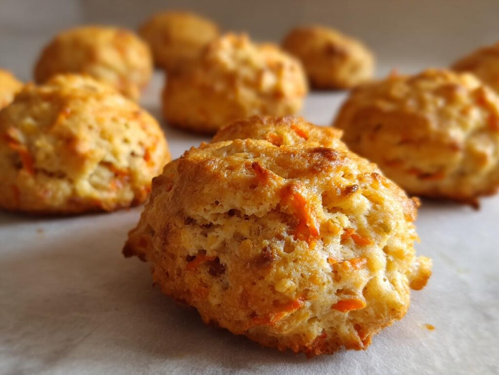 Close-up of freshly baked Carrot & Cheese Soft Dog Biscuits, showing carrot pieces.