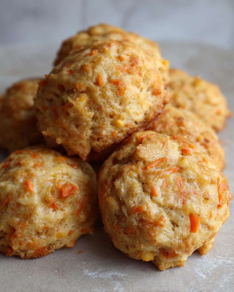 Close-up of a pile of freshly baked Carrot & Cheese Soft Dog Biscuits, showing carrot pieces.
