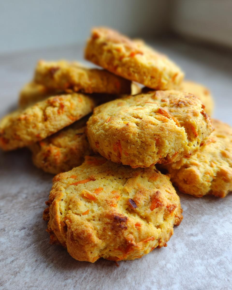 Close-up of a pile of freshly baked Carrot & Cheese Soft Dog Biscuits.