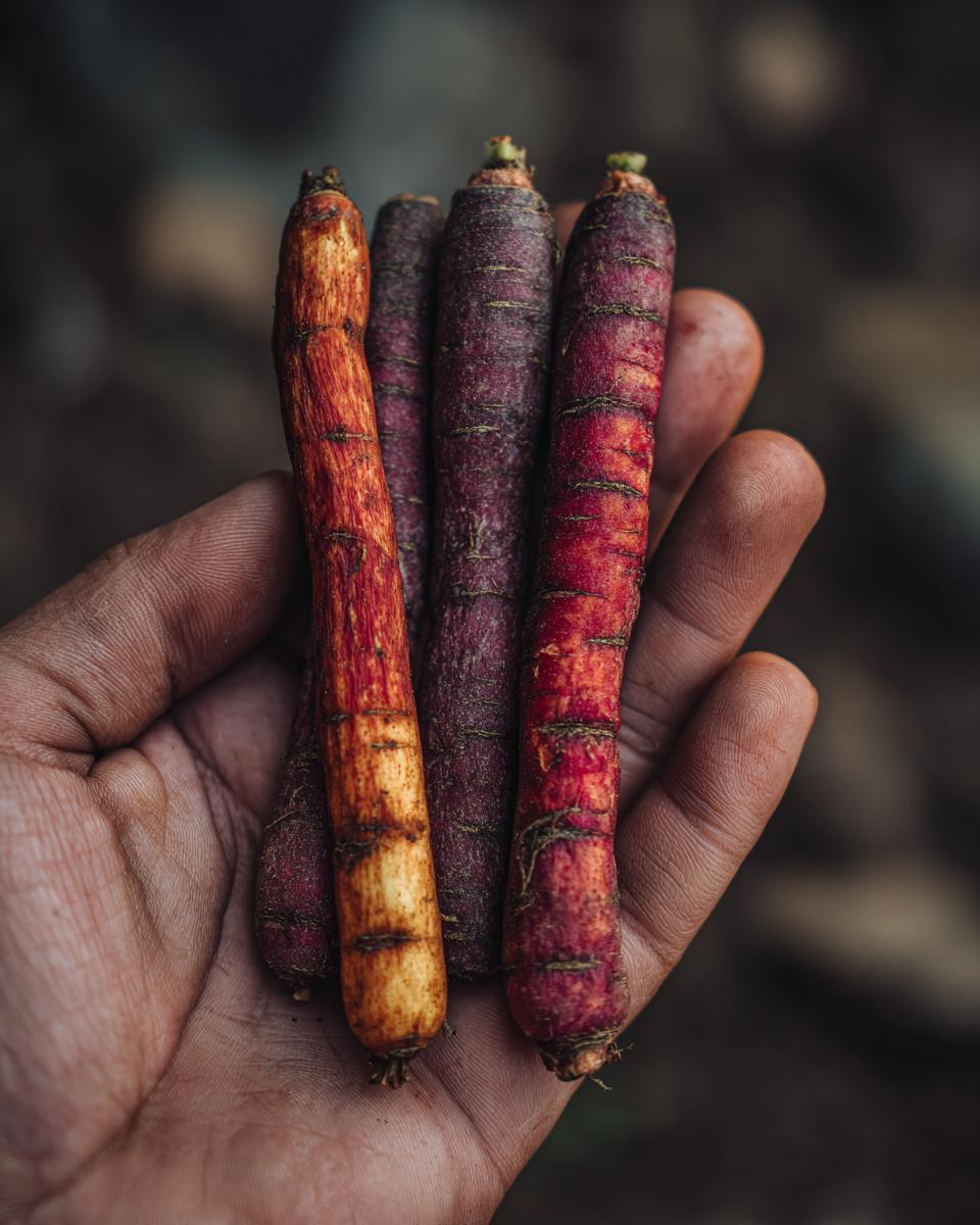 Close-up of colorful carrots held in hand, ready to be used for Beef and Carrot Training Chew Sticks.