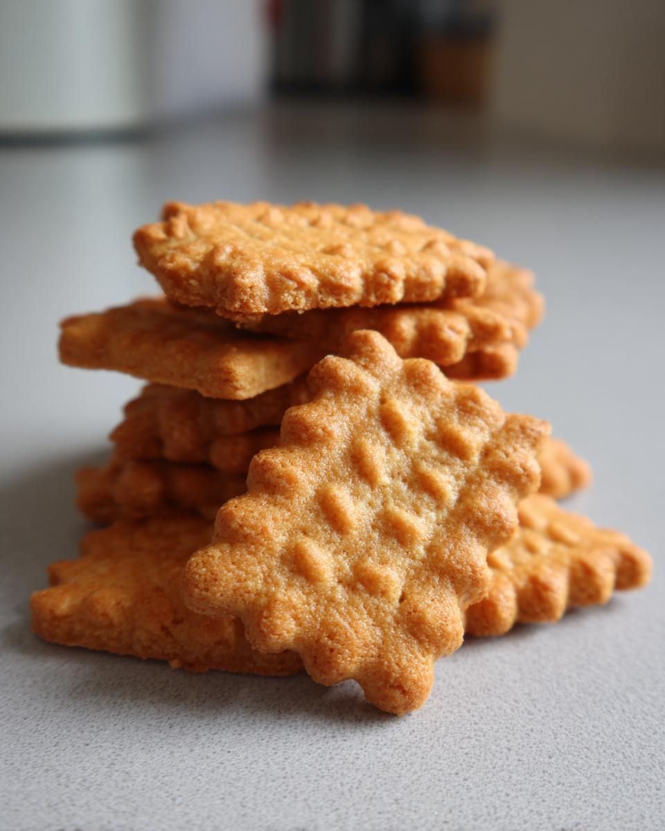 Close-up of a stack of homemade Chicken & Oat Crunchy Dog Crackers, golden brown and textured.