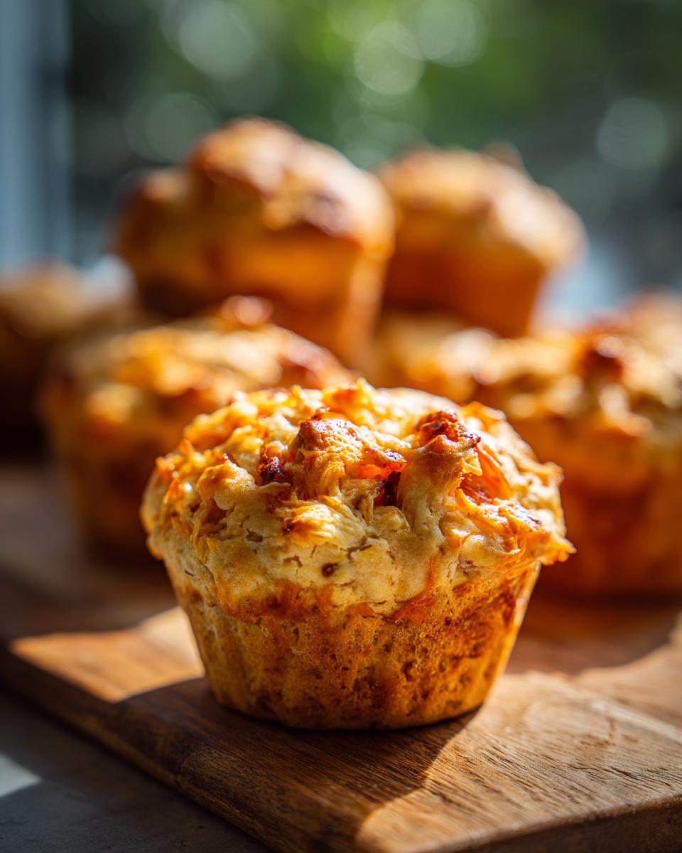 Close-up of a golden Chicken & Sweet Potato Soft Dog Muffin on a wooden board.