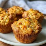 Close-up of several Chicken & Sweet Potato Soft Dog Muffins on a plate, golden brown and delicious.