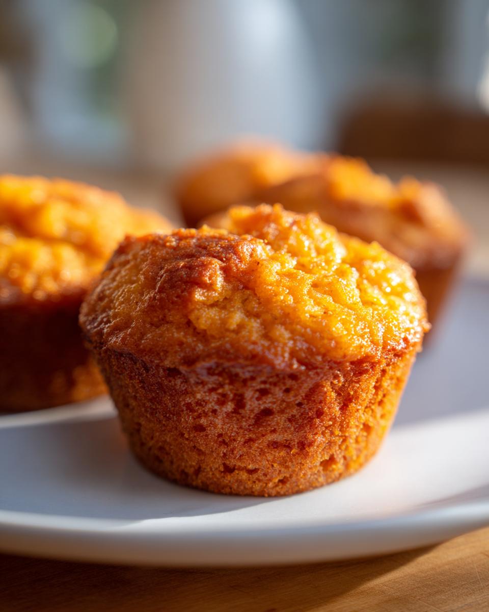 Close-up of golden Chicken & Sweet Potato Soft Dog Muffins on a white plate.