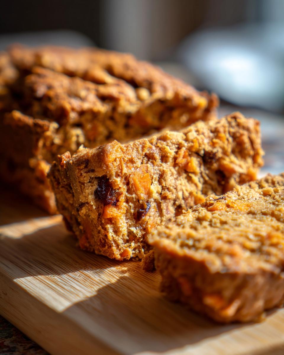 Close-up of sliced Chicken Sweet Potato Mini Loaf Pup Treat on a wooden board.