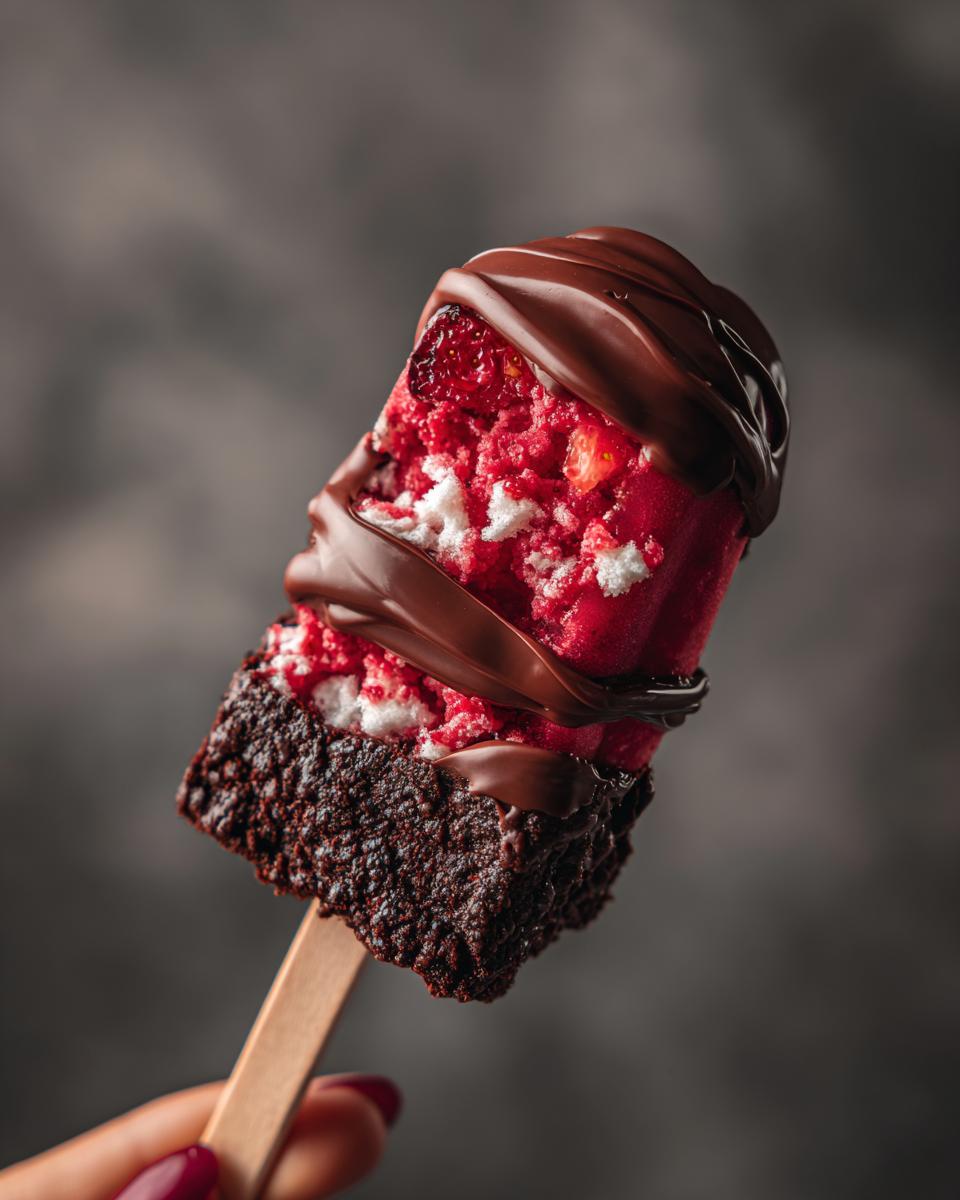 Close-up of a Coconut Strawberry Frozen Dog Pop coated in chocolate, held on a stick.