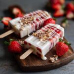 Close-up of Coconut Strawberry Frozen Dog Pops on a wooden board with fresh strawberries.