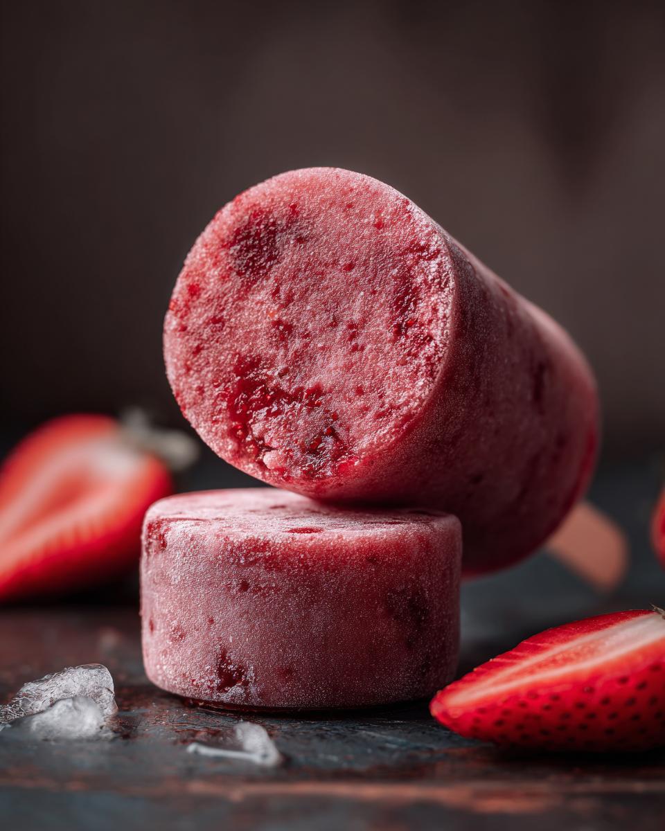 Close-up of two Coconut Strawberry Frozen Dog Pops with strawberries and ice.