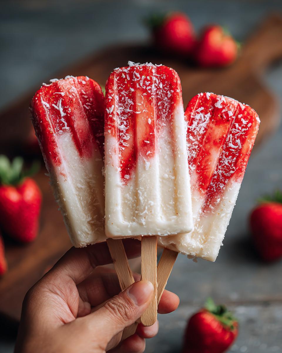 Hand holding three Coconut Strawberry Frozen Dog Pops, with coconut flakes and strawberries.