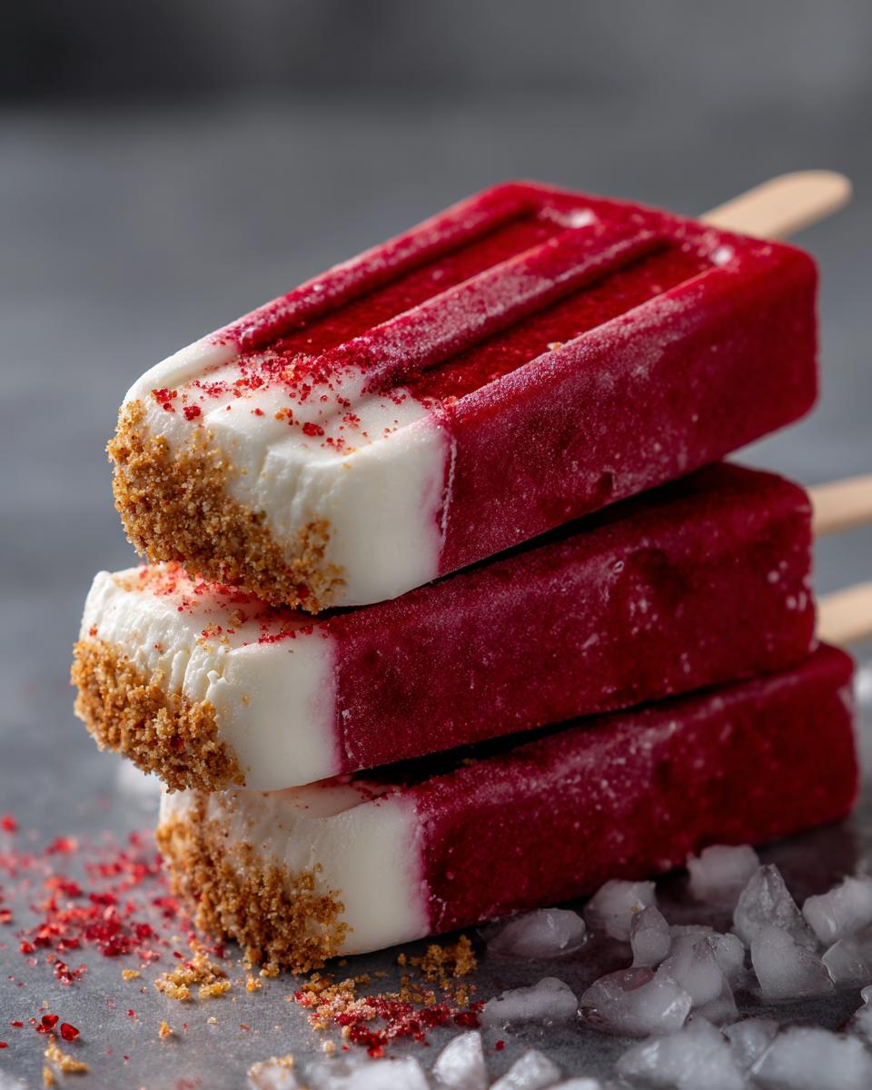 Stack of three Coconut Strawberry Frozen Dog Pops, with red and white layers, and a crumb topping.