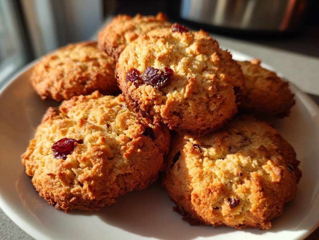 Close-up of a plate with several Cranberry Oat Holiday Dog Treats, with visible cranberries.