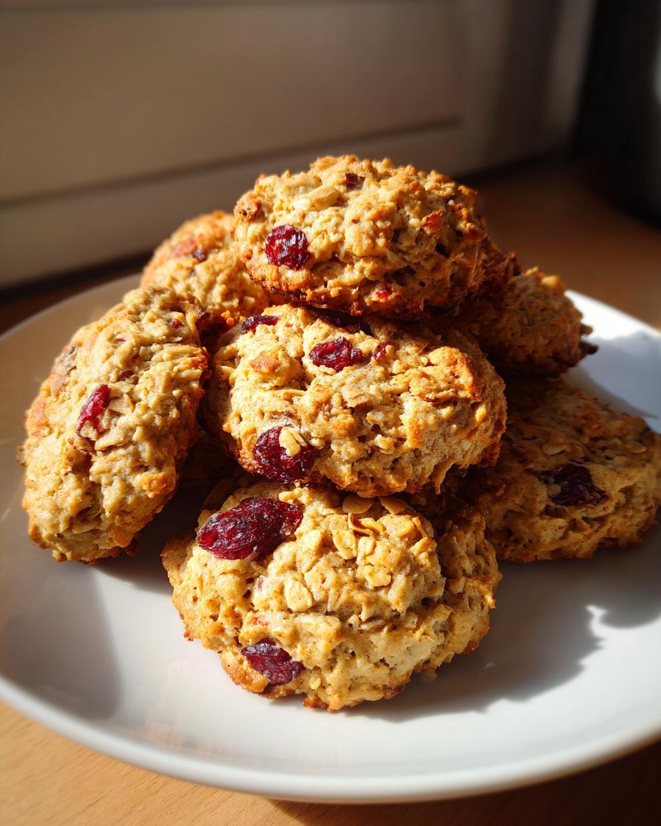 A stack of homemade Cranberry Oat Holiday Dog Treats on a white plate.