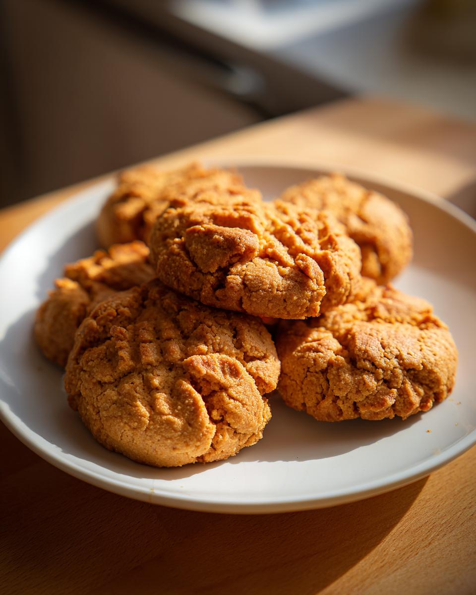 Pile of freshly baked Crunchy Homemade Peanut Butter Dog Biscuits on a white plate.