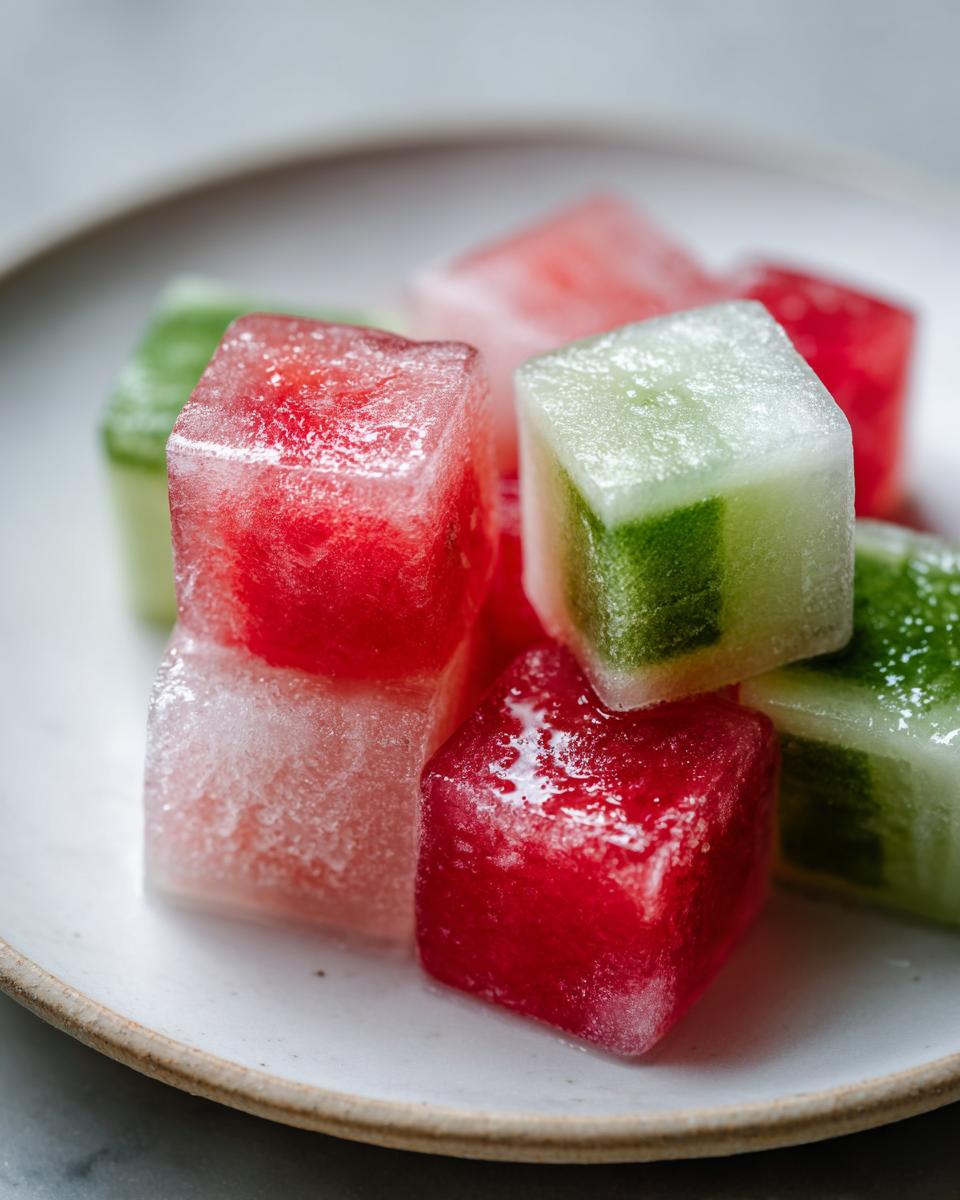 Close-up of frozen Cucumber Watermelon Frozen Dog Slush Cubes on a white plate.