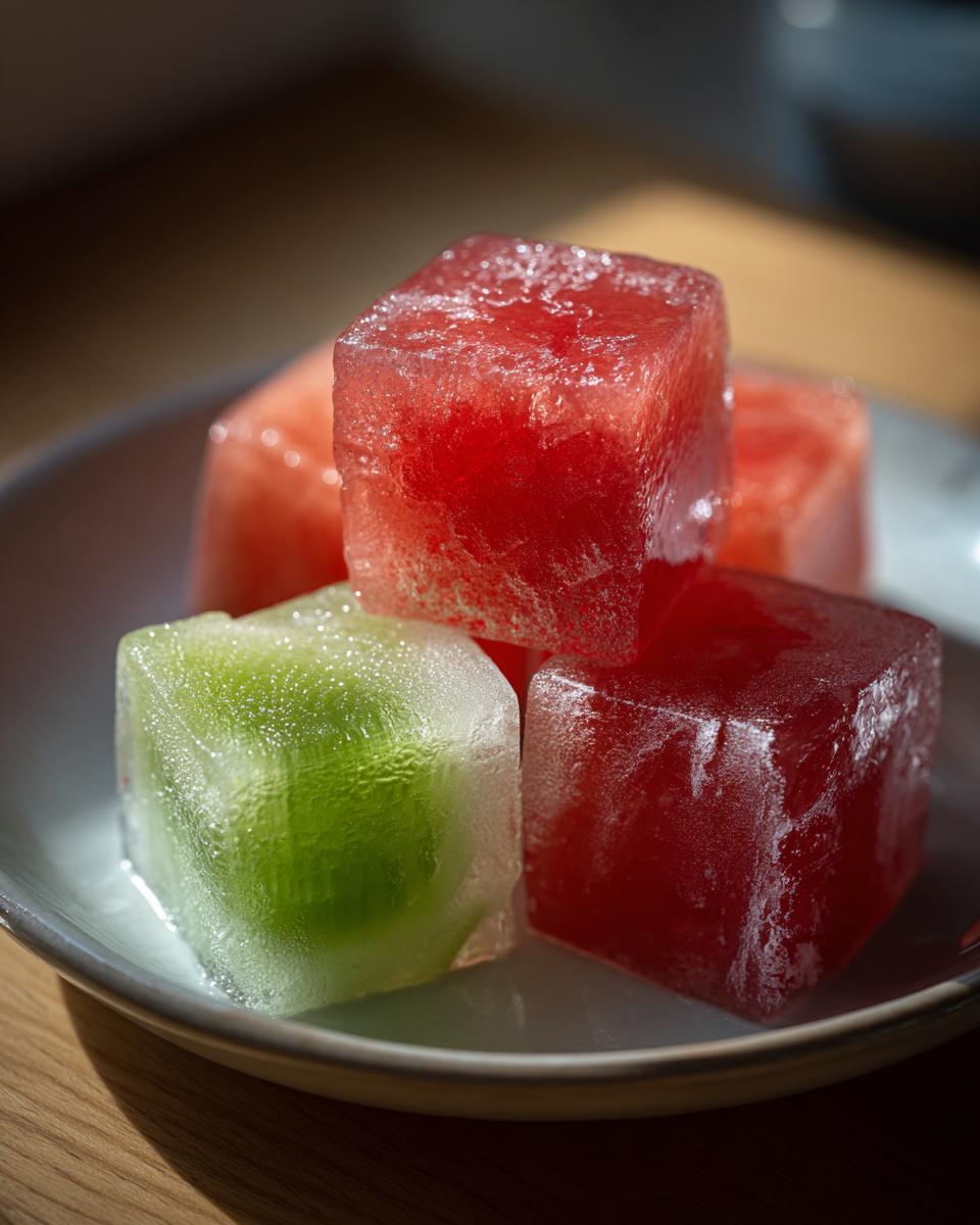 Close-up of Cucumber Watermelon Frozen Dog Slush Cubes on a small plate, perfect for a dog treat.