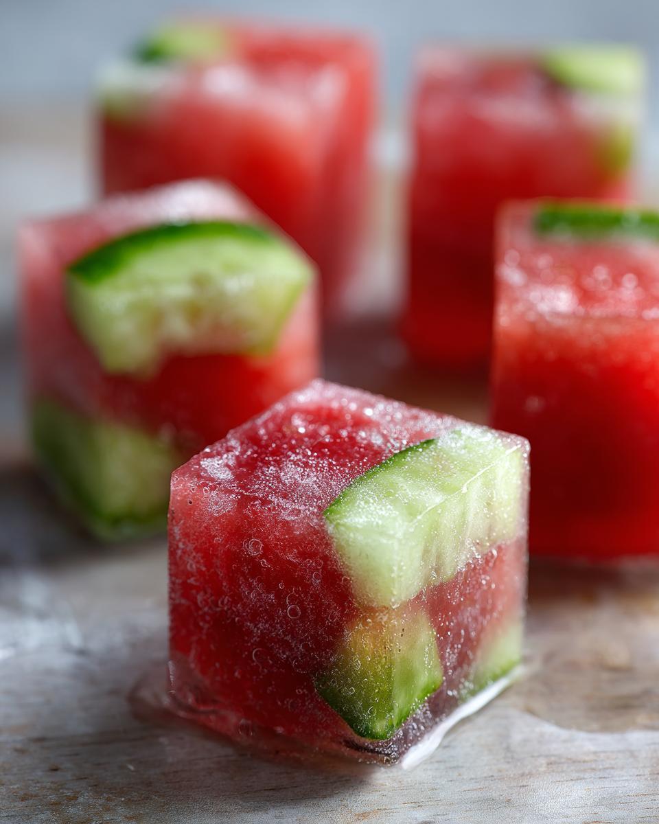 Close-up of frozen Cucumber Watermelon Dog Slush Cubes with cucumber slices inside.