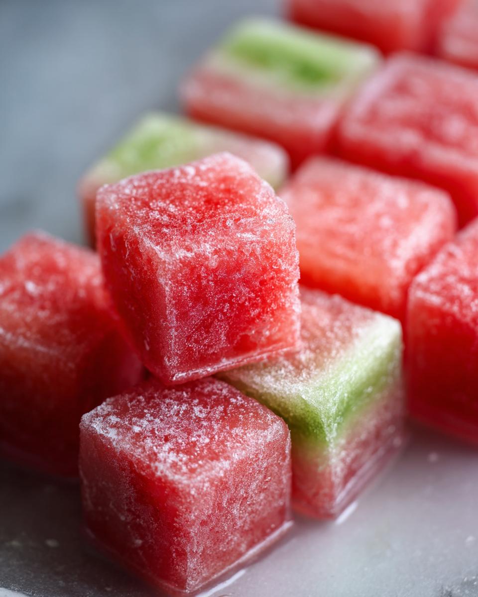 Close-up of frozen Cucumber Watermelon Frozen Dog Slush Cubes, perfect for a dog treat.
