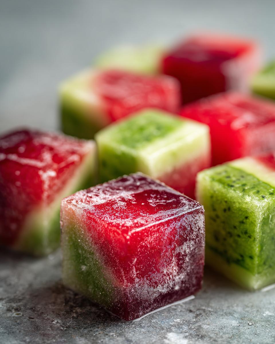 Close-up of frozen Cucumber Watermelon Frozen Dog Slush Cubes, perfect for a hot day.