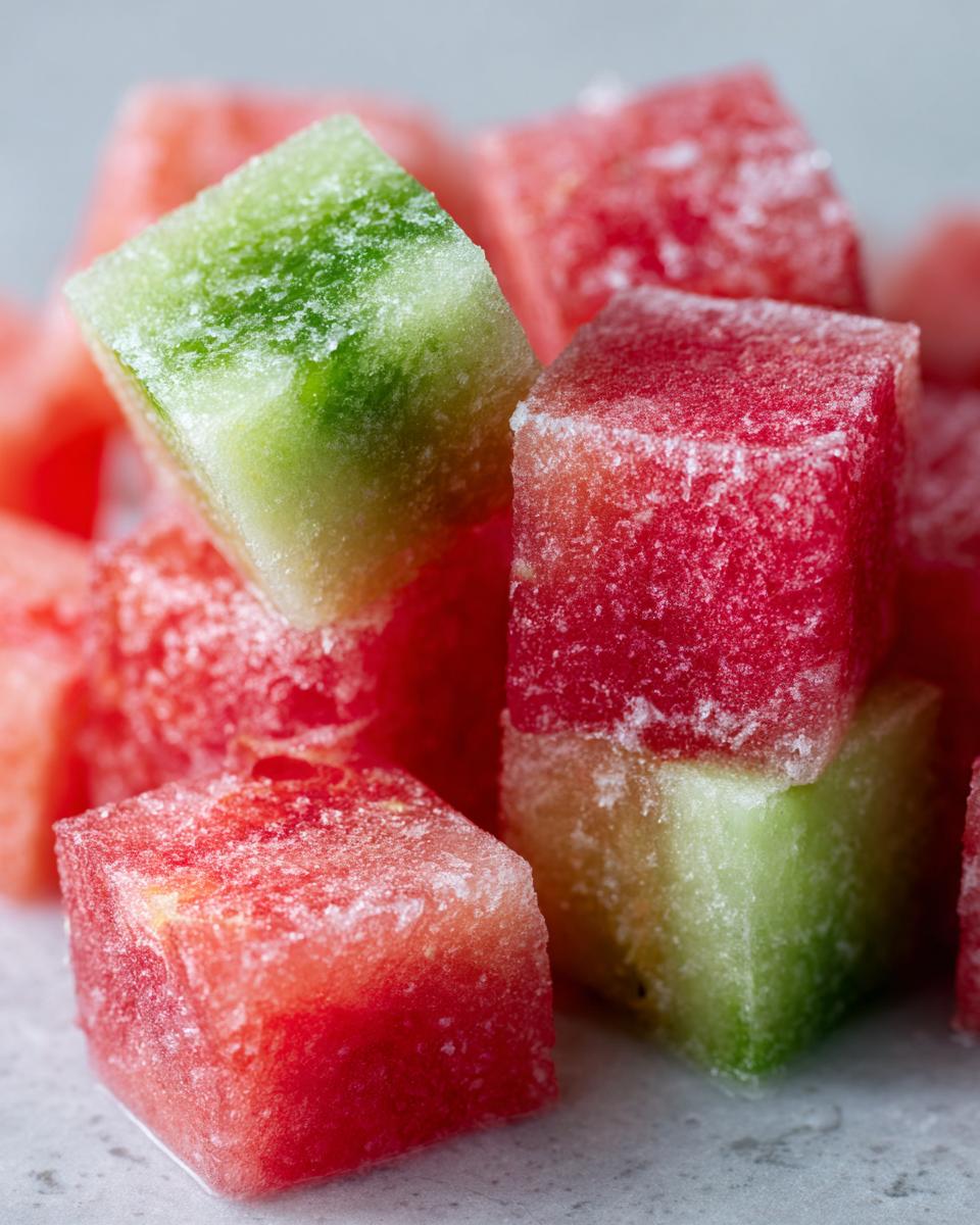 Close-up of frozen Cucumber Watermelon Dog Slush Cubes, red and green.