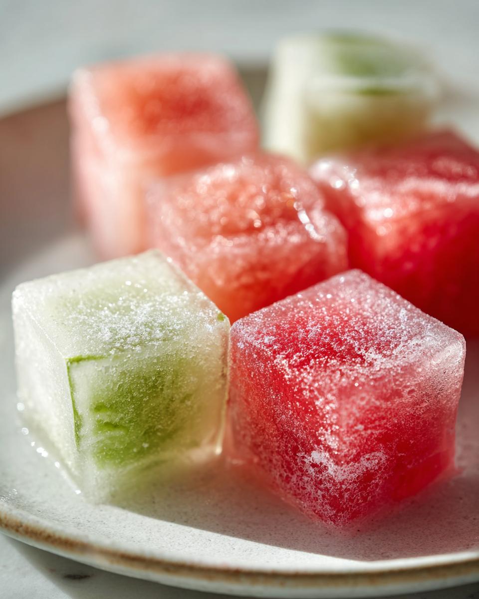 Close-up of colorful Cucumber Watermelon Frozen Dog Slush Cubes on a plate.