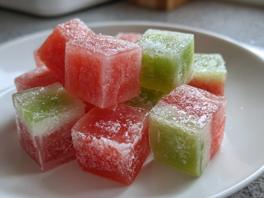 Close-up of Cucumber Watermelon Frozen Dog Slush Cubes on a white plate, perfect for a dog treat.