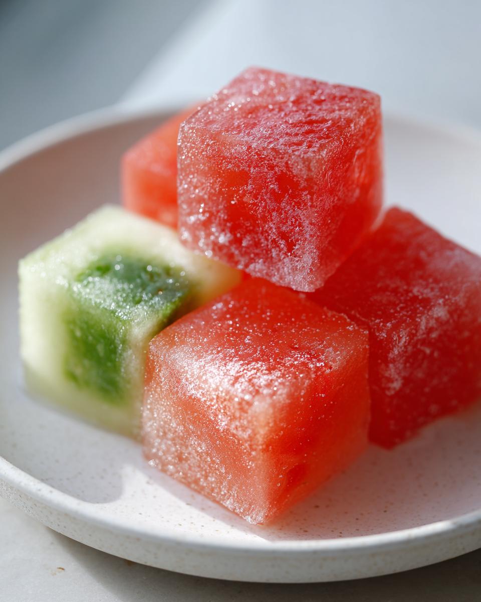 Close-up of Cucumber Watermelon Frozen Dog Slush Cubes on a white plate, showing red and green cubes.