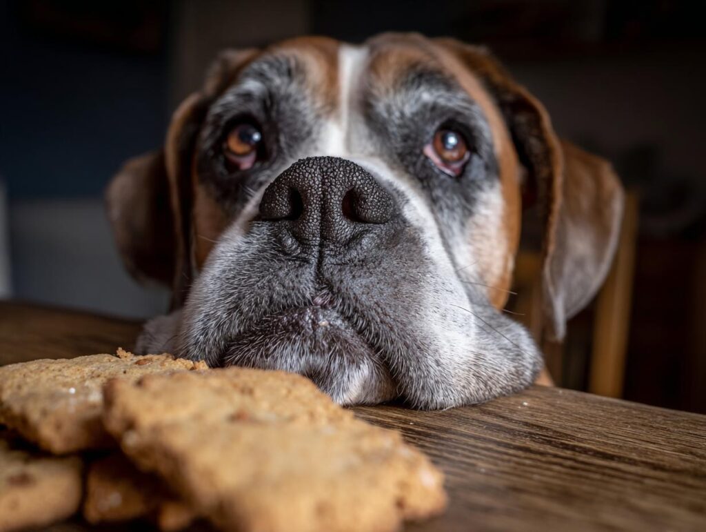 A dog looking longingly at a stack of Apple Carrot Homemade Dog Cookie Coins on a wooden surface.
