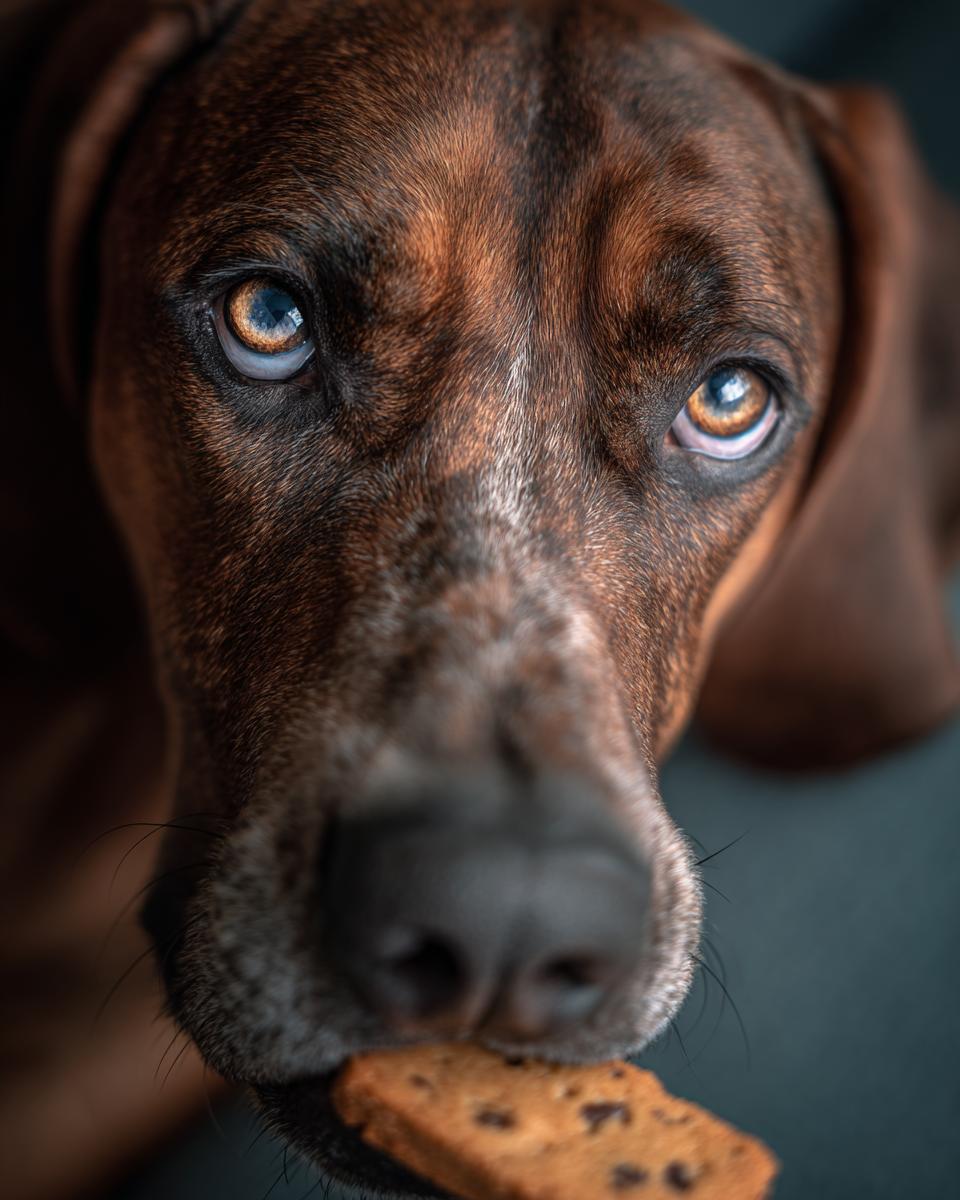 Close-up of a dog looking at the camera, holding an Apple Carrot Homemade Dog Cookie Coin.