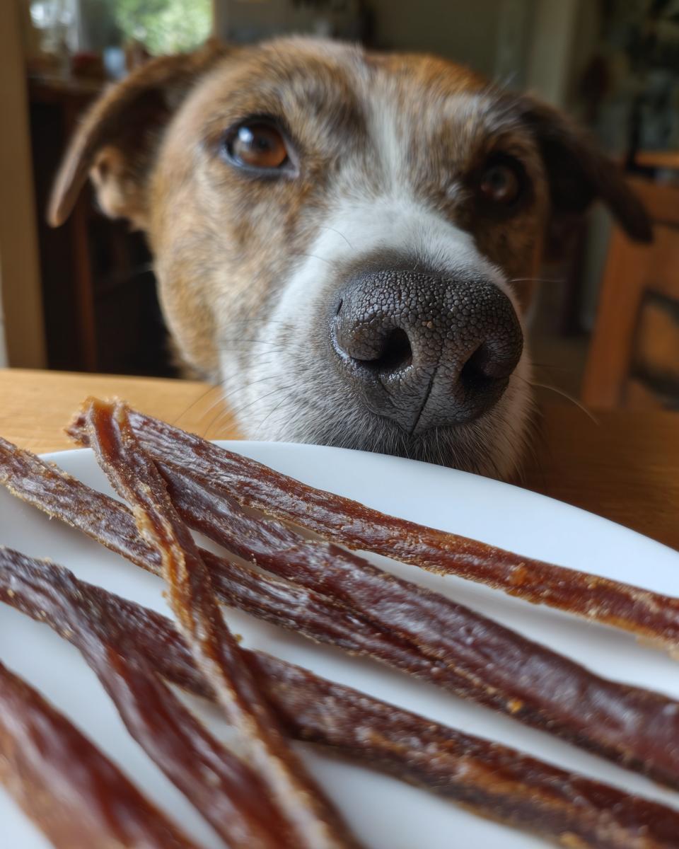 Dog looking at Beef & Apple Healthy Dog Chew Sticks on a white plate, close-up.