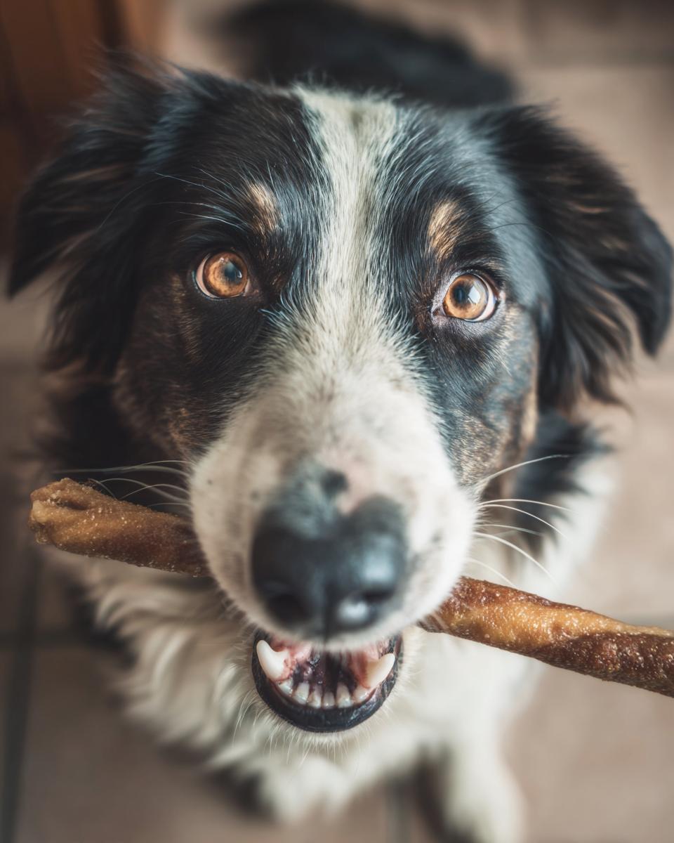 A happy dog holding a Beef and Lentil Chew Stick in its mouth, looking up at the camera.
