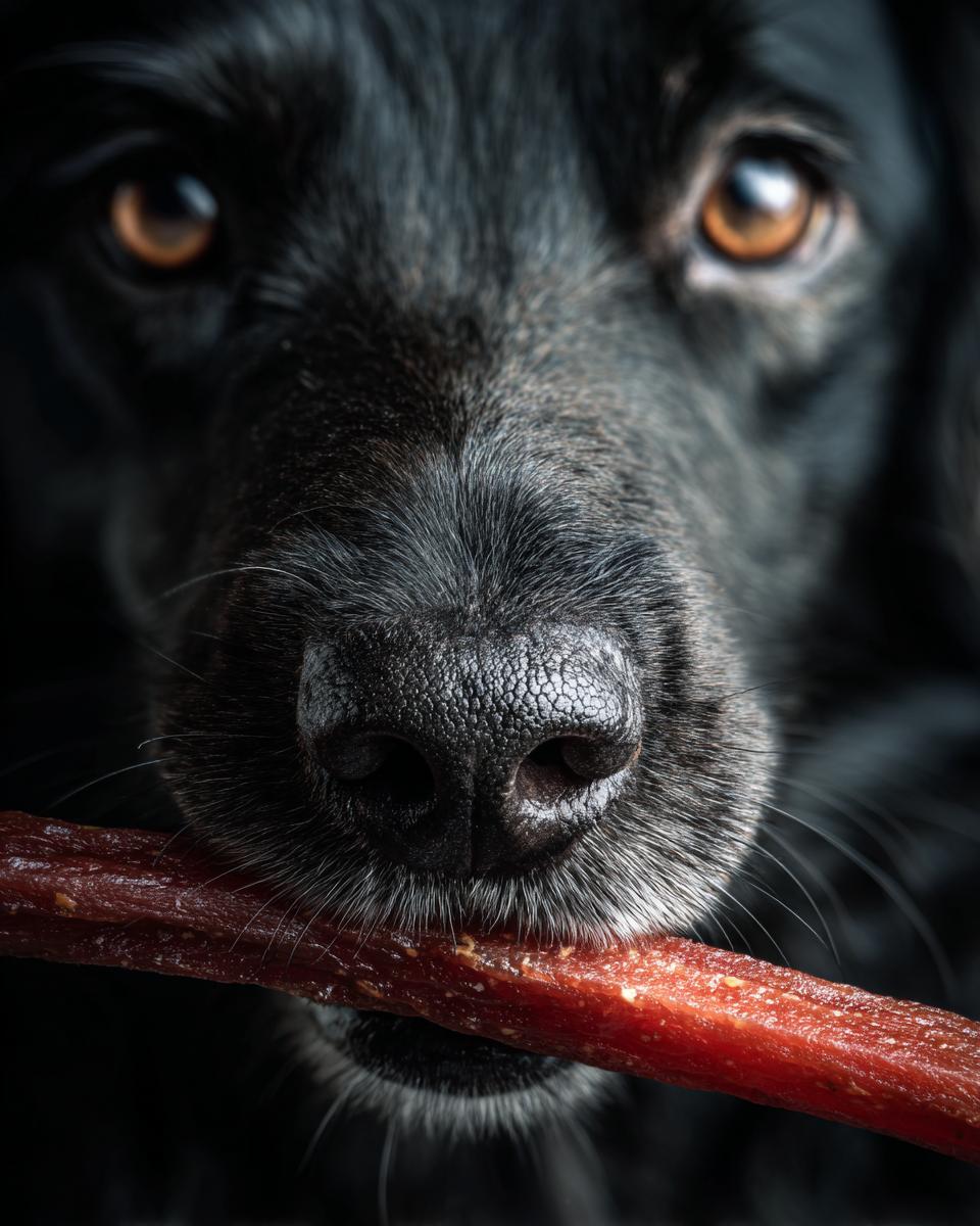 Close-up of a black dog holding a Beef & Oat Long-Lasting Dog Chew.