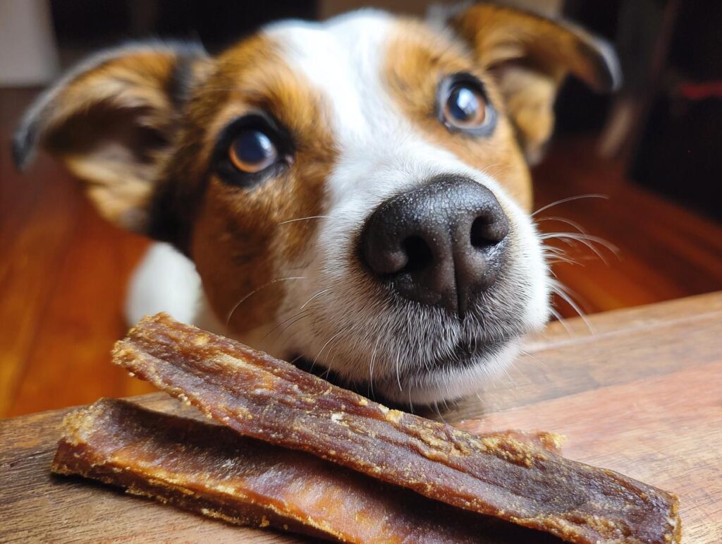 A dog looking at Beef & Oat Long-Lasting Dog Chews.