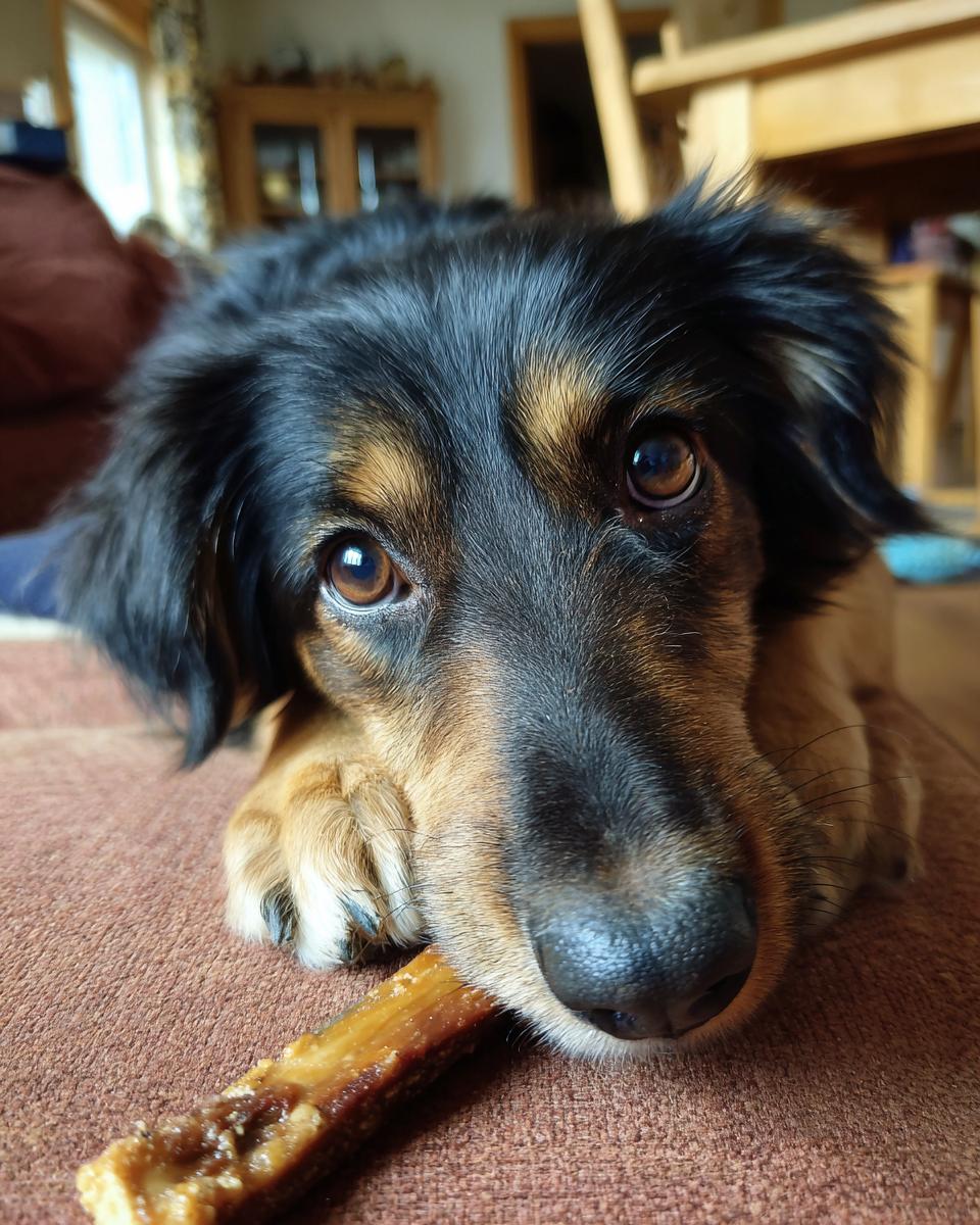 Dog looking at the camera with a Beef and Peanut Butter Dog Chew Stick.
