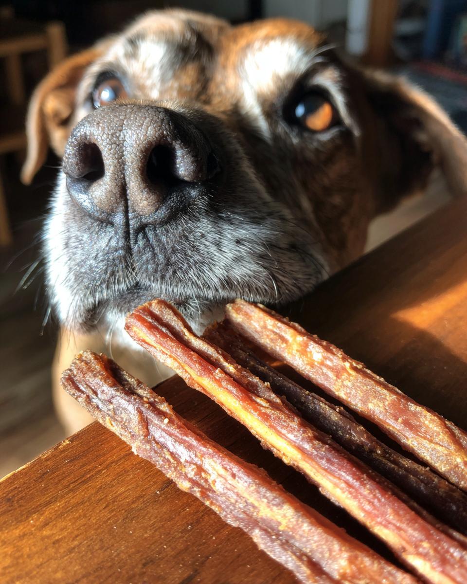 Dog looking at homemade Beef & Sweet Potato Chew Sticks for Dogs.