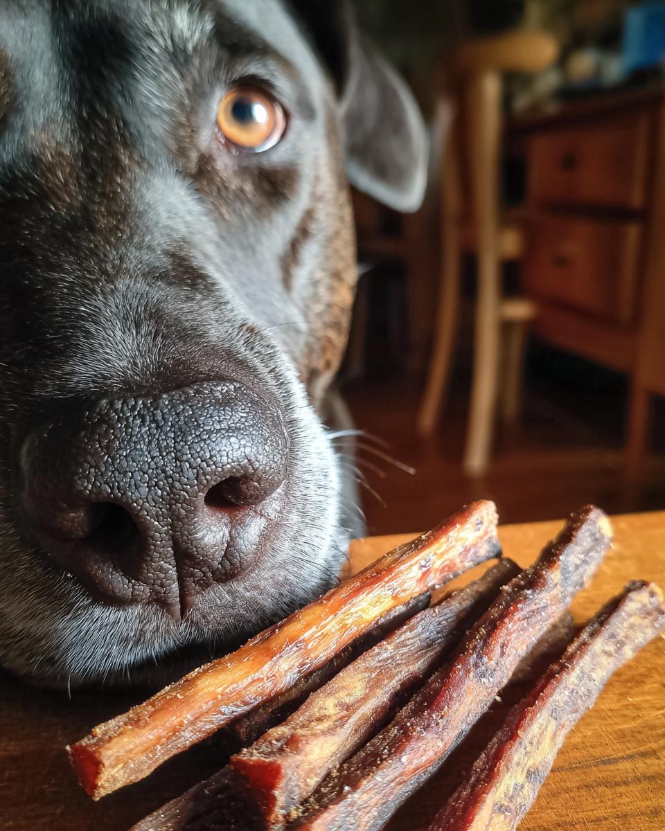 Close-up of a dog looking at Beef & Sweet Potato Chew Sticks for Dogs.