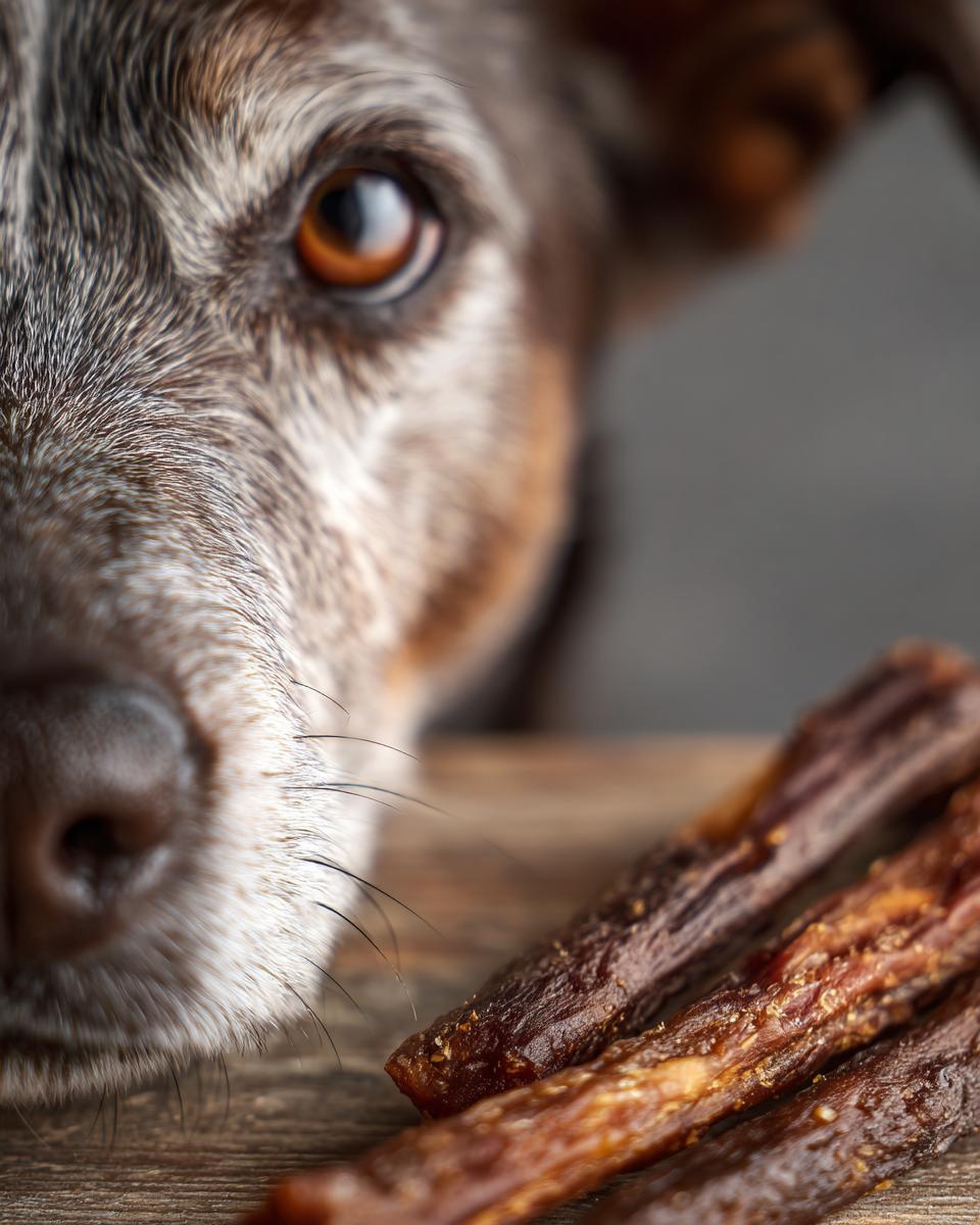 Close-up of a dog's eye looking at Beef & Sweet Potato Chew Sticks.
