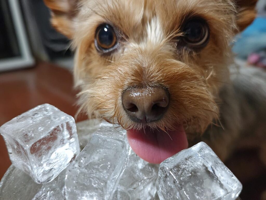 Close-up of a dog with ice cubes, related to bone broth ice cubes for dogs.