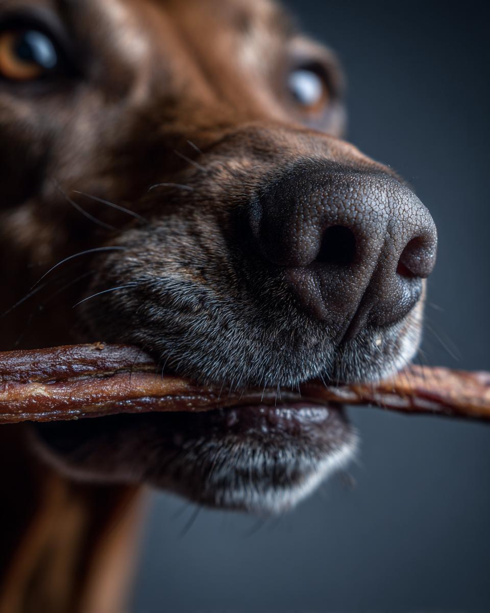 Close-up of a dog enjoying a Beef and Peanut Butter Dog Chew Stick.
