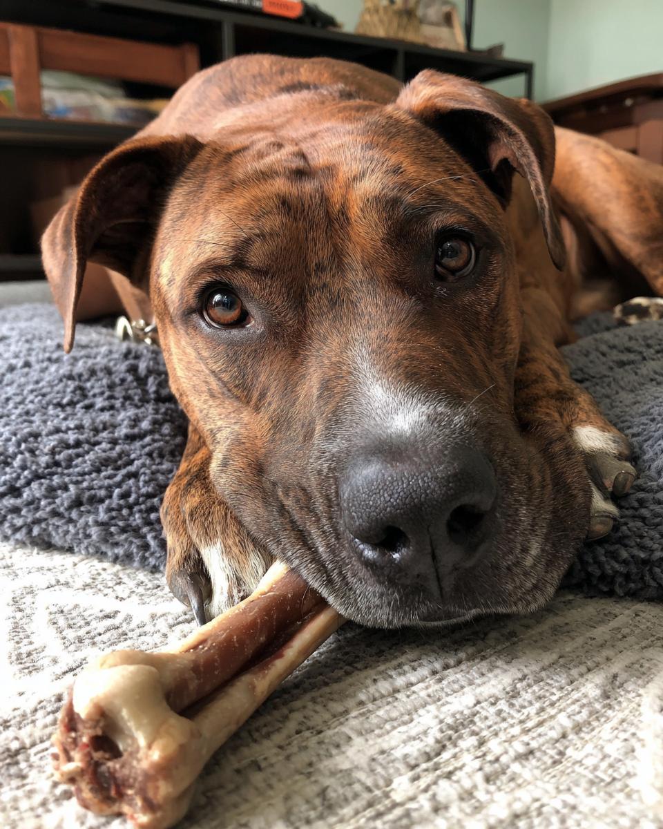 Dog happily chewing on a Homemade Beef Dog Chew Stick.
