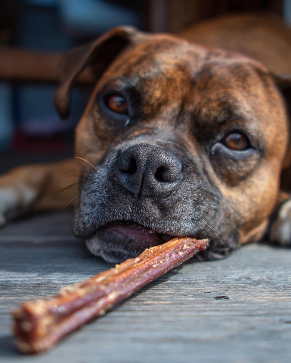 Close-up of a dog enjoying a Natural Beef Power Chew Stick, lying on a wooden surface.