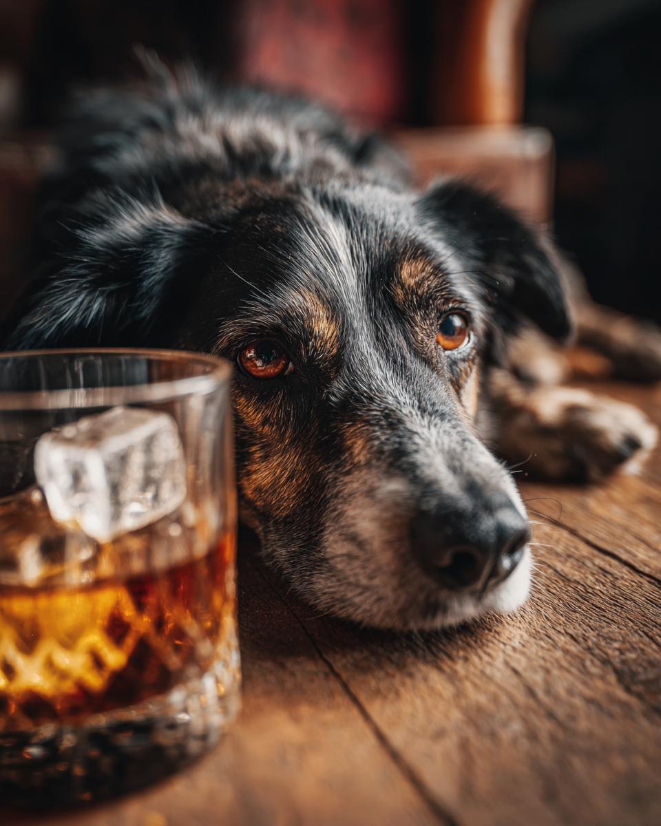 Dog looking at a glass of drink with ice cubes, related to Bone Broth Ice Cubes for Dogs.