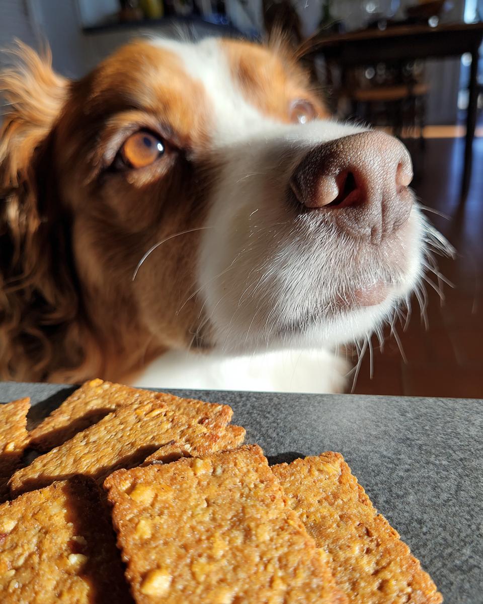 A dog looking at Chicken & Oat Crunchy Dog Crackers. Close-up of dog's face with crackers in the foreground.