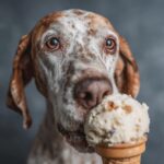 A happy dog eating 2-Ingredient Dog Ice Cream from a cone, looking excited.
