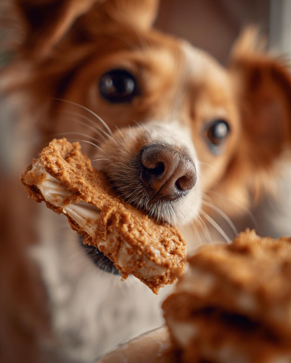 Close-up of a dog eating a Frozen Pumpkin Yogurt Dog Treat.